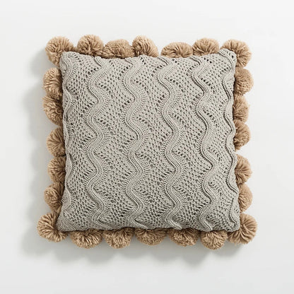 Boho Knitted Cushion Cover with Pom-Poms