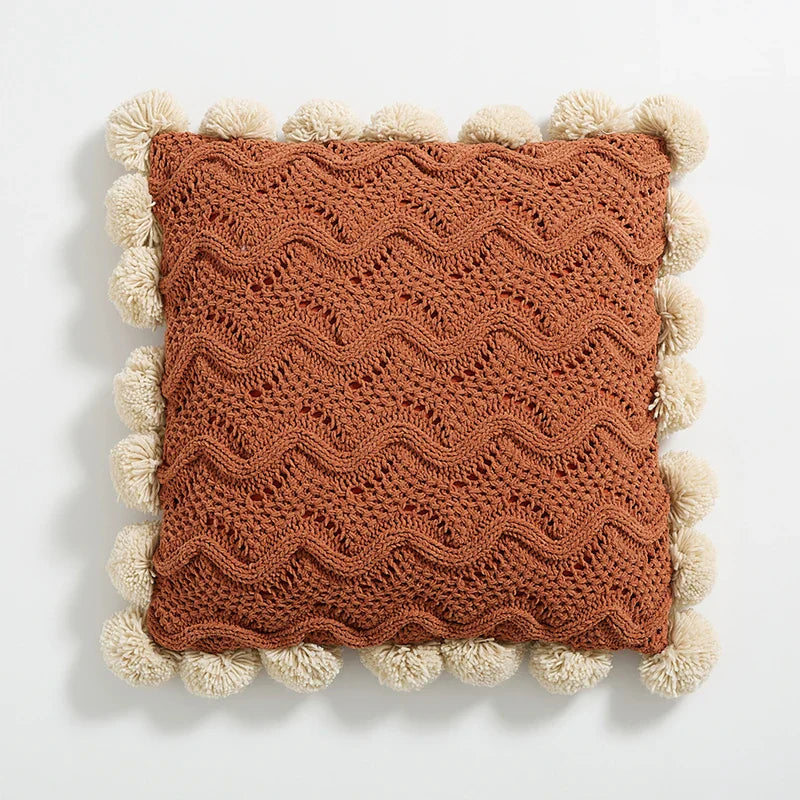 Boho Knitted Cushion Cover with Pom-Poms