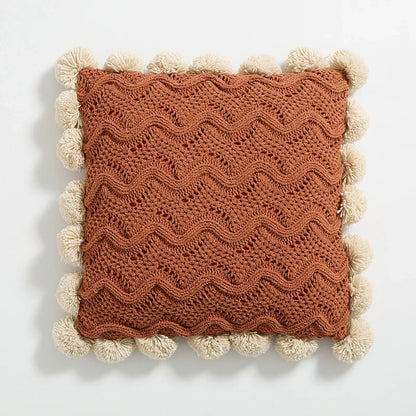 Boho Knitted Cushion Cover with Pom-Poms