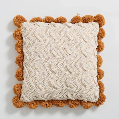 Boho Knitted Cushion Cover with Pom-Poms